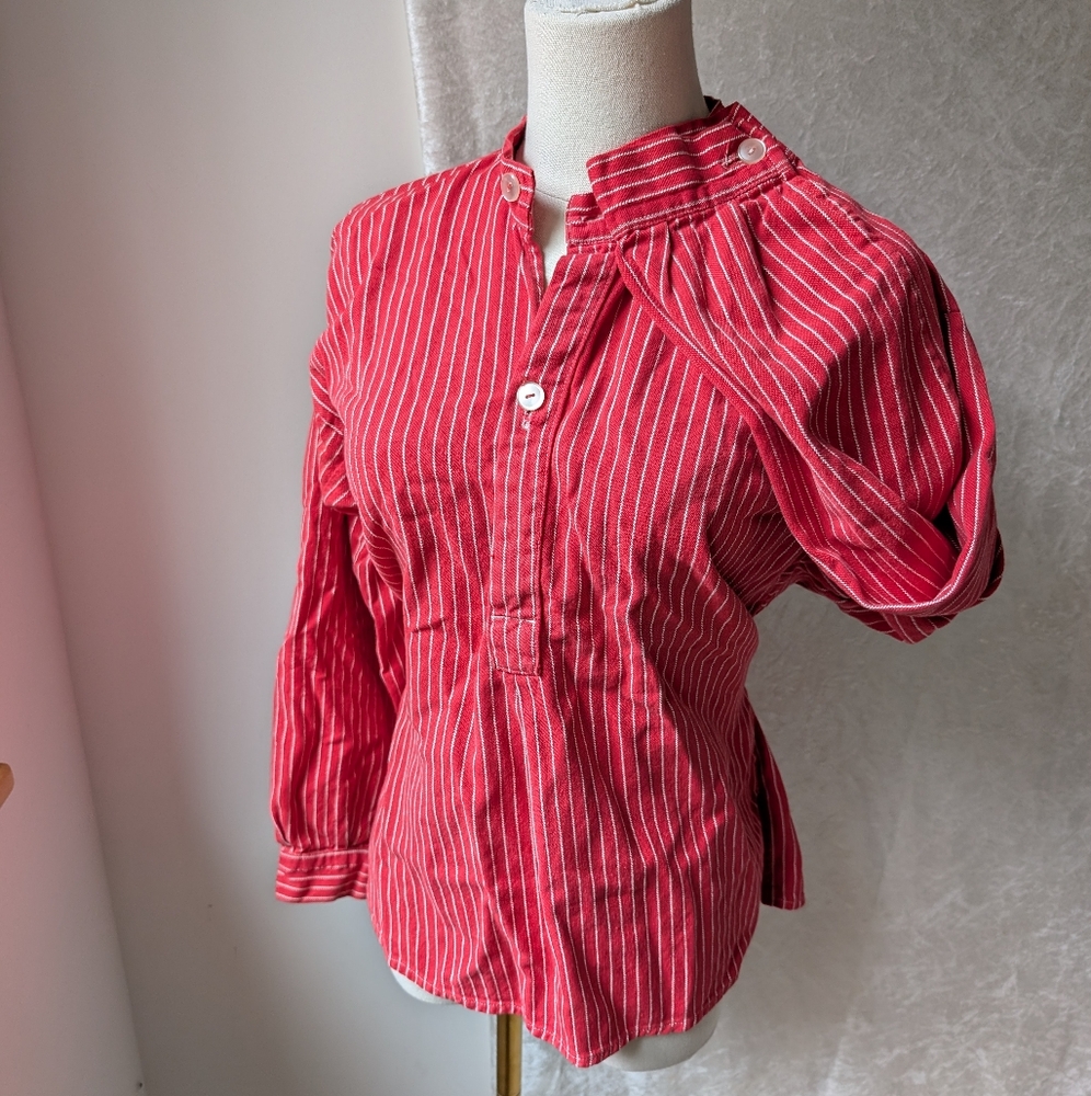 VTG Rail Road Stripe Cotton V-neck Vertical White On Red Waist Buckle Adjustable